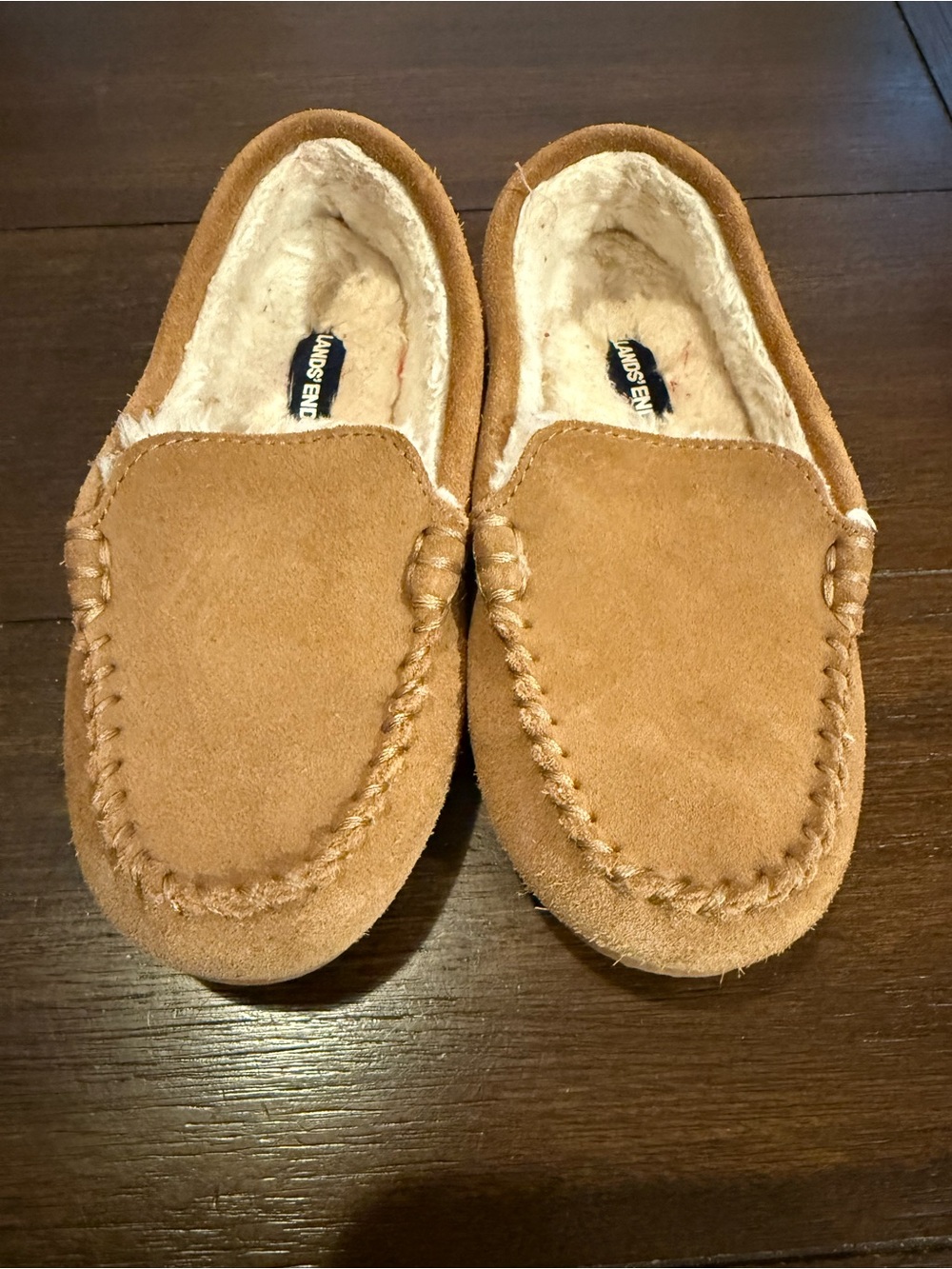 Youth Tan Faux-Suede Moccasin Slippers with Sherpa Lining